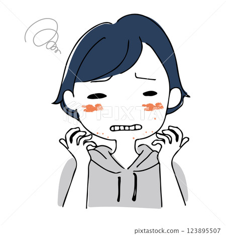 A hand-drawn illustration of an Asian woman who has a complex about rough skin and acne 123895507