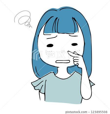 A hand-drawn illustration of an Asian woman who is self-conscious about her skin with noticeable pores 123895508