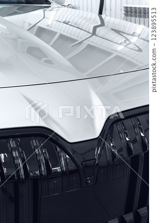 Close-up view of a modern car front showcasing sleek design and shiny chrome details in a well-lit indoor setting 123895513
