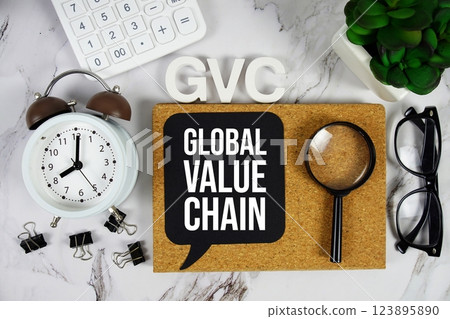 GVC - Global Value Chain acronym with calculator, alarm clock and magnifying glass, Business and Financial concept background 123895890