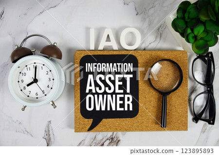 IAO - Information Asset Owner acronym with alarm clock and magnifying glass, business concept background IAO - Information Asset Owner acronym with alarm clock and magnifying glass, business concept background 123895893