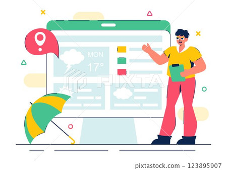 Meteorologist Vector Illustration featuring a Weather Forecaster Analyzing Atmospheric Precipitation Maps and Weather Patterns in a Flat Background Meteorologist Vector Illustration featuring a Weather Forecaster Analyzing Atmospheric Precipitation Maps and Weather Patterns in a Flat Background 123895907