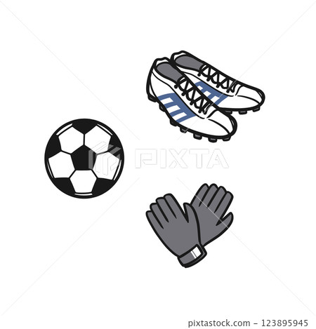 Illustration of a soccer ball, cleats and gloves Illustration of a soccer ball, cleats and gloves 123895945
