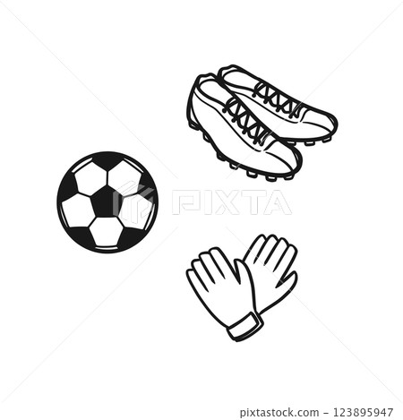 Illustration of a soccer ball, cleats and gloves (line drawing) Illustration of a soccer ball, cleats and gloves (line drawing) 123895947