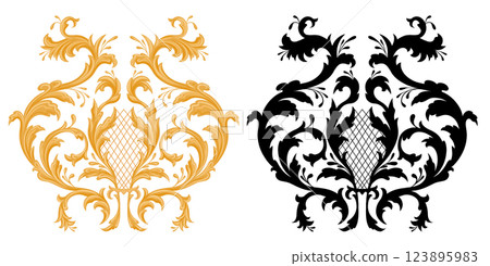 Vector set of golden and black vintage floral elements. Baroque collection of floral flourish isolated from background. Luxury floral clip arts Vector set of golden and black vintage floral elements. Baroque collection of floral flourish isolated from background. Luxury floral clip arts 123895983