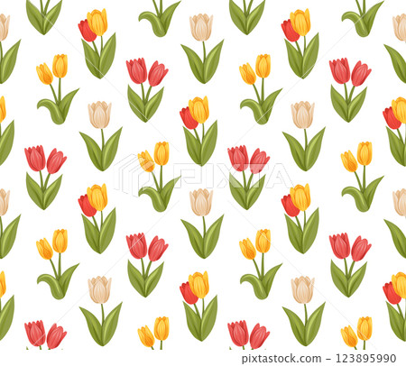 Vector spring pattern with colorful tulips on white background. Rustic texture with flat hand drawn blooming flowers f Vector spring pattern with colorful tulips on white background. Rustic texture with flat hand drawn blooming flowers f 123895990