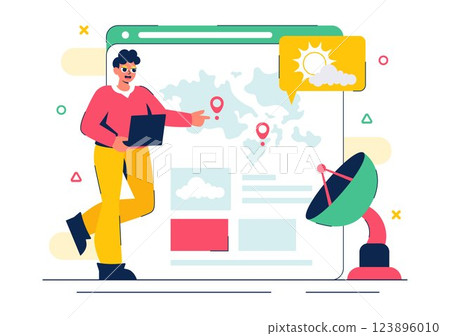 Meteorologist Vector Illustration featuring a Weather Forecaster Analyzing Atmospheric Precipitation Maps and Weather Patterns in a Flat Background Meteorologist Vector Illustration featuring a Weather Forecaster Analyzing Atmospheric Precipitation Maps and Weather Patterns in a Flat Background 123896010