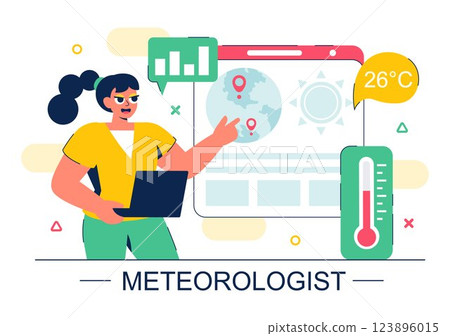Meteorologist Vector Illustration featuring a Weather Forecaster Analyzing Atmospheric Precipitation Maps and Weather Patterns in a Flat Background 123896015