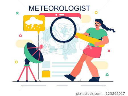 Meteorologist Vector Illustration featuring a Weather Forecaster Analyzing Atmospheric Precipitation Maps and Weather Patterns in a Flat Background Meteorologist Vector Illustration featuring a Weather Forecaster Analyzing Atmospheric Precipitation Maps and Weather Patterns in a Flat Background 123896017