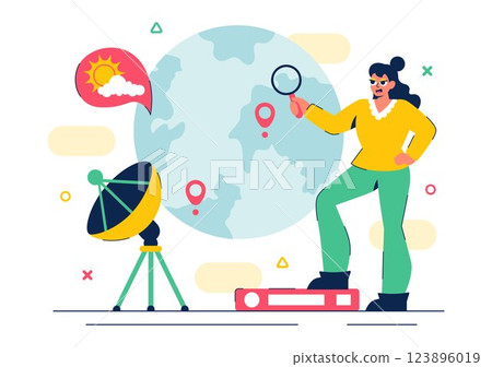 Meteorologist Vector Illustration featuring a Weather Forecaster Analyzing Atmospheric Precipitation Maps and Weather Patterns in a Flat Background 123896019
