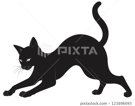 Silhouette of a Stretching Black Cat Capturing the Grace and Agility of Feline Movement 123896093