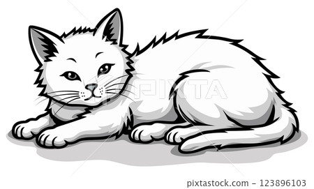 A Beautiful White Cat Blissfully Lying Down in a Relaxed, Comfortable Pose, Looking Adorable A Beautiful White Cat Blissfully Lying Down in a Relaxed, Comfortable Pose, Looking Adorable 123896103
