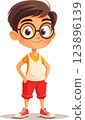 Cheerful cartoon boy character with glasses standing confidently in casual summer outfit and happy expression 123896139
