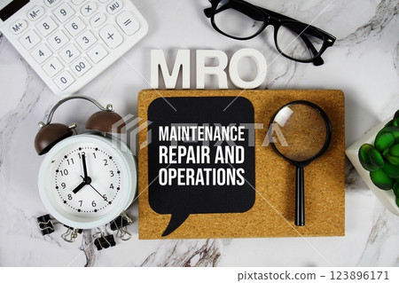 MRO - Maintenance, Repair, and Operations acronym with calculator, alarm clock and magnifying glass, Business concept background 123896171