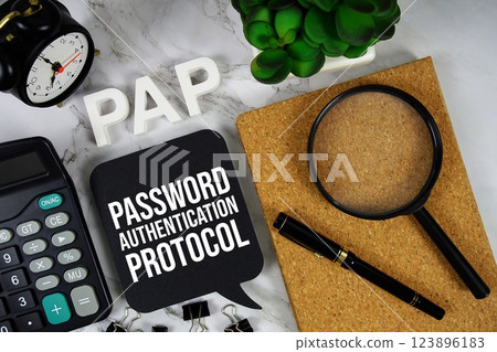 PAP - Password Authentication Protocol acronym with calculator, alarm clock and magnifying glass, business concept background PAP - Password Authentication Protocol acronym with calculator, alarm clock and magnifying glass, business concept background 123896183