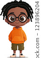 Cute cartoon character of a young boy with curly hair wearing glasses and an orange hoodie in a cheerful pose 123896204