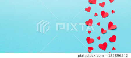 Valentine day background with red hearts, top view with copy space 123896242