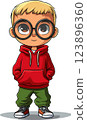 Cheerful cartoon boy with large glasses in red hoodie and green pants standing confidently on white background 123896360