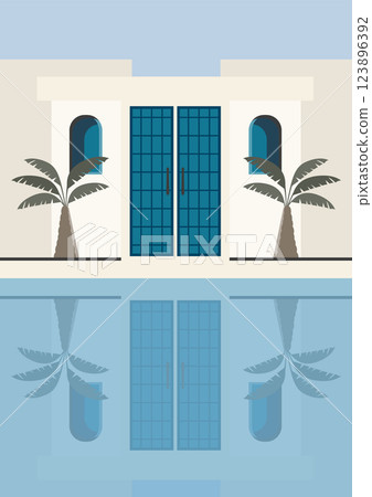 Greek town view flat color vector illustration. Summer holiday in Greece. Mediterranean European culture 123896392