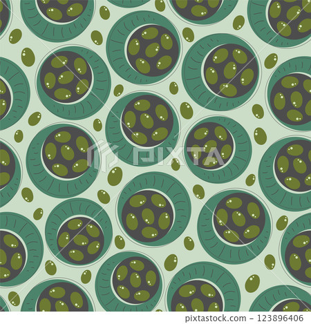 Seamless pattern with green olives. Natural vegetable background illustration for organic cooking ingredient 123896406