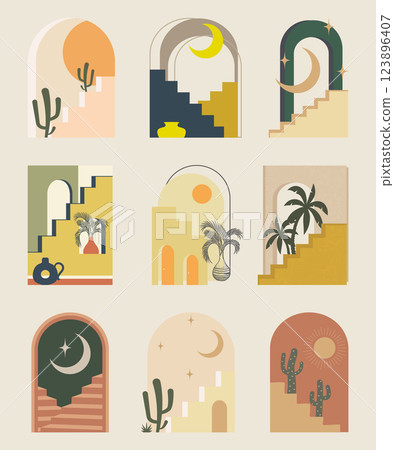 Moroccan architecture decorative elements. Morocco buildings, arched gates, walls collection. Ancient Arab 123896407