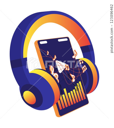 Isometric wireless over ear headphones with smartphone and musical notes floating along musical chord lines. Listening of melodies and compositions in phone. 3D vector isolated on white background 123896462