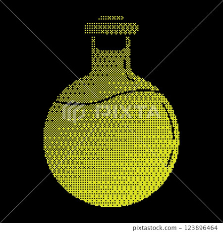 Pixel magic vial halftone silhouette icon. Wireless headphones in protective charging flip cover case. Portable device for listening music. Simple black and yellow vector isolated on black 123896464