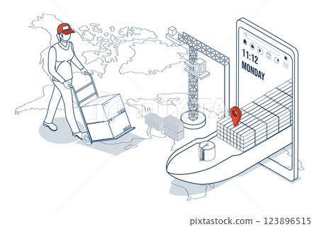 Maritime transport, involving container ships and cargo planes, plays a vital role in global logistics, facilitating seamless import and export activities. 123896515