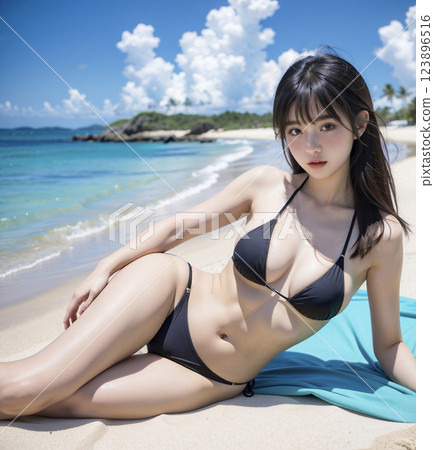 Portrait of a young woman in a bikini on the beach in midsummer 123896516