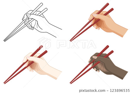 單色線條畫,描繪了一隻手拿著筷子,以及亞洲人、高加索人和黑人拿著筷子的各種手型 單色線條畫,描繪了一隻手拿著筷子,以及亞洲人、高加索人和黑人拿著筷子的各種手型 123896535
