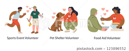 Set of vector illustrations with volunteers. Animal shelter, sports event, homeless shelter. Woman giving water to athlete, petting dog, serving food to poor. Friendly simple cartoon compositions 123896552