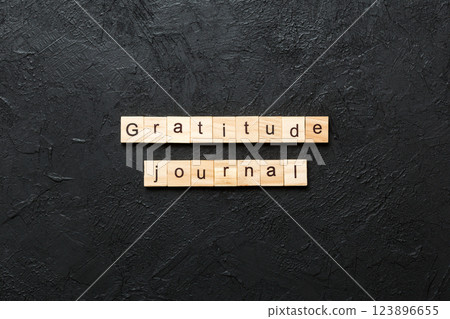 Gratitude Journal word written on wood block. Gratitude Journal text on cement table for your desing, concept Gratitude Journal word written on wood block. Gratitude Journal text on cement table for your desing, concept 123896655