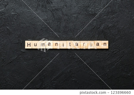 humanitarian word written on wood block. humanitarian text on table, concept 123896660