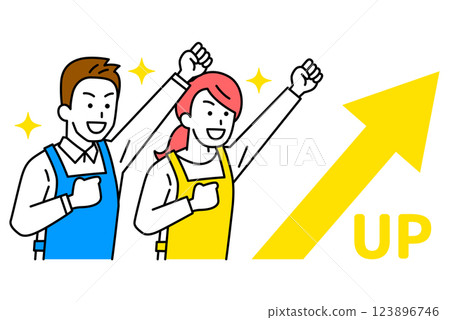 Men and women in aprons celebrating with rising arrows and fist pumps 123896746