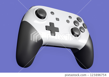 Realistic white video game joystick or gamepad on violet background. 3D rendering of streaming gear for cloud gaming and gamer workspace concept Realistic white video game joystick or gamepad on violet background. 3D rendering of streaming gear for cloud gaming and gamer workspace concept 123896754