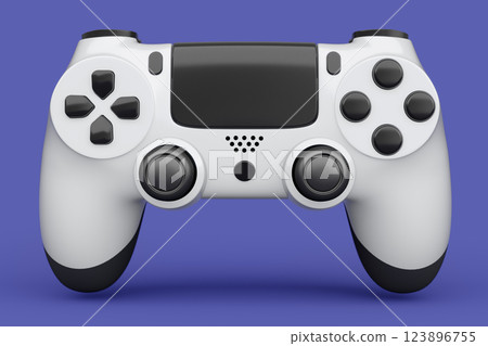 Realistic white video game joystick or gamepad on violet background. 3D rendering of streaming gear for cloud gaming and gamer workspace concept Realistic white video game joystick or gamepad on violet background. 3D rendering of streaming gear for cloud gaming and gamer workspace concept 123896755