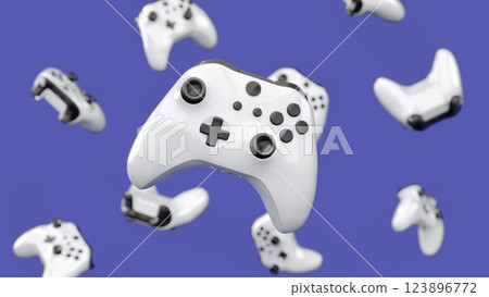 Realistic black video game joysticks or gamepads rotating and falling on violet background. 3D render of streaming gear for cloud gaming and gamer workspace concept 123896772