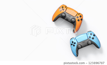 Realistic colorful video game joysticks or gamepads with color buttons on white background. 3D rendering of streaming gear for cloud gaming and gamer workspace concept 123896787