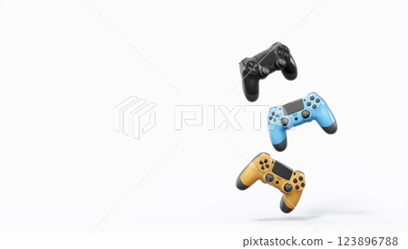 Realistic colorful video game joysticks or gamepads with color buttons on white background. 3D rendering of streaming gear for cloud gaming and gamer workspace concept 123896788