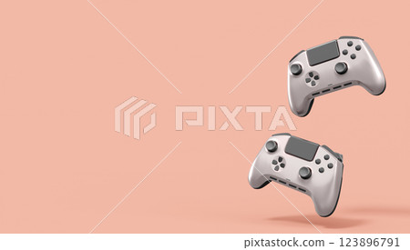 Realistic grey video game joysticks or gamepads on pink background. 3D rendering of streaming gear for cloud gaming and gamer workspace concept 123896791