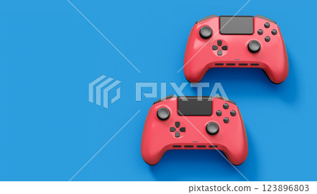 Realistic red video game joysticks or gamepads on blue background. 3D rendering of streaming gear for cloud gaming and gamer workspace concept 123896803
