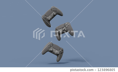 Realistic black video game joysticks or gamepads on black background. 3D rendering of streaming gear for cloud gaming and gamer workspace concept Realistic black video game joysticks or gamepads on black background. 3D rendering of streaming gear for cloud gaming and gamer workspace concept 123896805