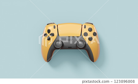 Realistic yellow video game joysticks or gamepads on grey background. 3D rendering of streaming gear for cloud gaming and gamer workspace concept Realistic yellow video game joysticks or gamepads on grey background. 3D rendering of streaming gear for cloud gaming and gamer workspace concept 123896808
