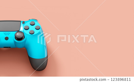 Realistic blue video game joysticks or gamepads on pink background. 3D rendering of streaming gear for cloud gaming and gamer workspace concept 123896811