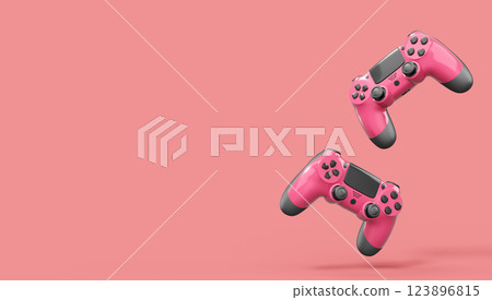 Realistic red video game joysticks or gamepads on pink background. 3D rendering of streaming gear for cloud gaming and gamer workspace concept Realistic red video game joysticks or gamepads on pink background. 3D rendering of streaming gear for cloud gaming and gamer workspace concept 123896815