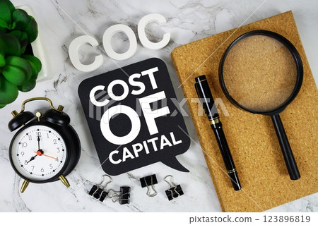 COC - Cost Of Capital acronym with alarm clock and magnifying glass, Business concept background 123896819