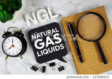 NGL - Natural Gas Liquids acronym with alarm clock and magnifying glass, business concept background NGL - Natural Gas Liquids acronym with alarm clock and magnifying glass, business concept background 123896823