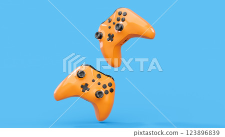 Realistic blue yellow video game joysticks or gamepads on blue background. 3D rendering of streaming gear for cloud gaming and gamer workspace concept Realistic blue yellow video game joysticks or gamepads on blue background. 3D rendering of streaming gear for cloud gaming and gamer workspace concept 123896839