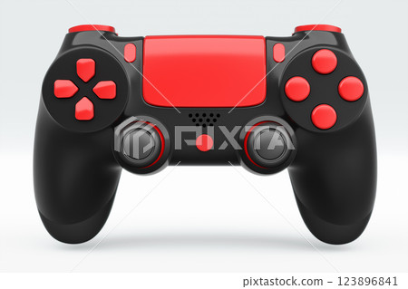 Realistic black video game joystick or gamepad with color buttons on white background. 3D rendering of streaming gear for cloud gaming and gamer workspace concept 123896841