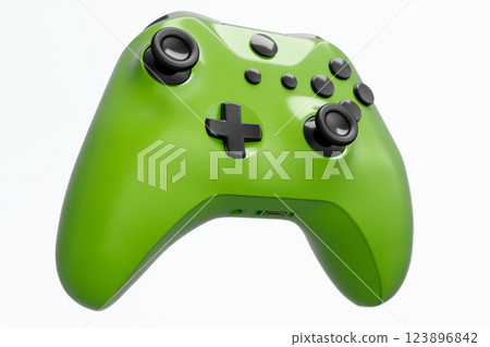 Realistic green video game joystick or gamepad on white background. 3D rendering of streaming gear for cloud gaming and gamer workspace concept Realistic green video game joystick or gamepad on white background. 3D rendering of streaming gear for cloud gaming and gamer workspace concept 123896842
